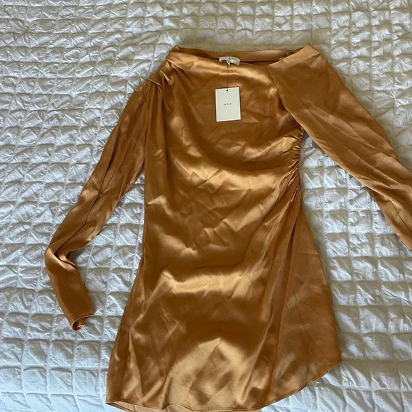 A.L.C Jamie satin drape mini dress in golden tan color - Picture 14 of 16